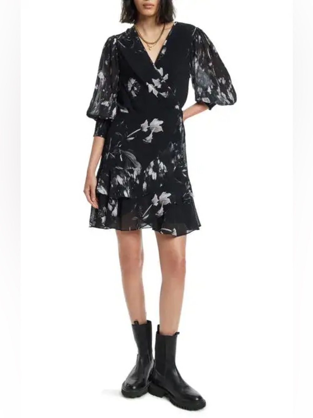 AllSaints Ari Pauline Floral Faux Wrap Chiffon Mini Dress Black Grey 10 - Picture 2 of 16